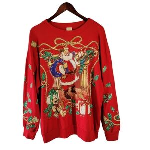 VTG Holiday Time Red Christmas Ugly Sweater Sz L Festive Santa Print Holidays